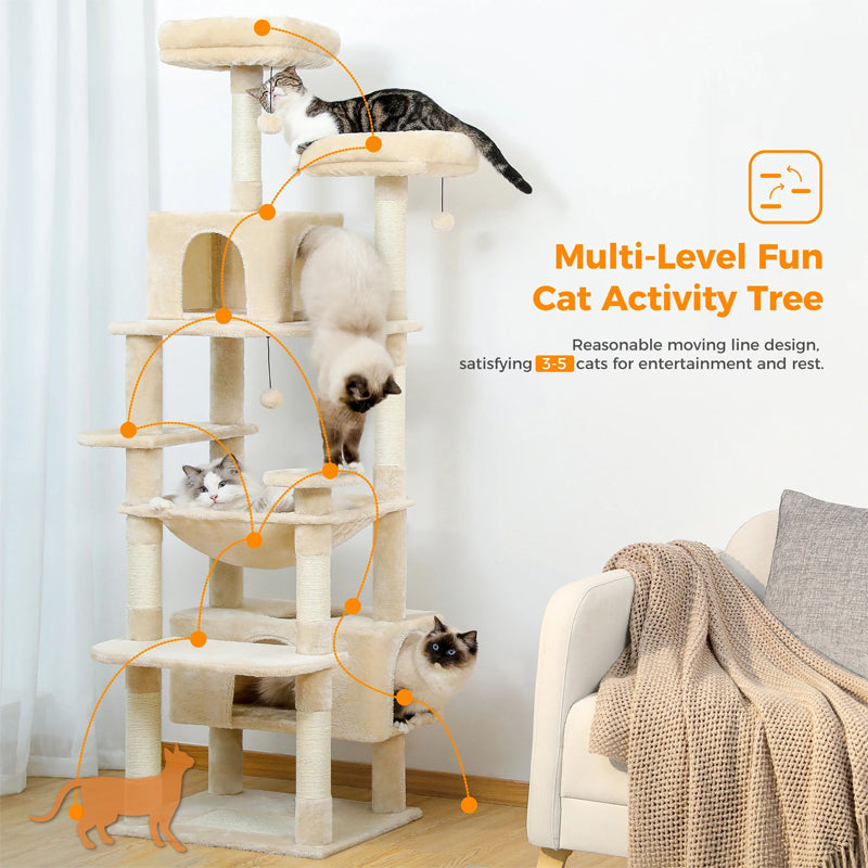 184Cm Large Cat Tree Tower with Scratching Posts - Hammock - Perches & Condos