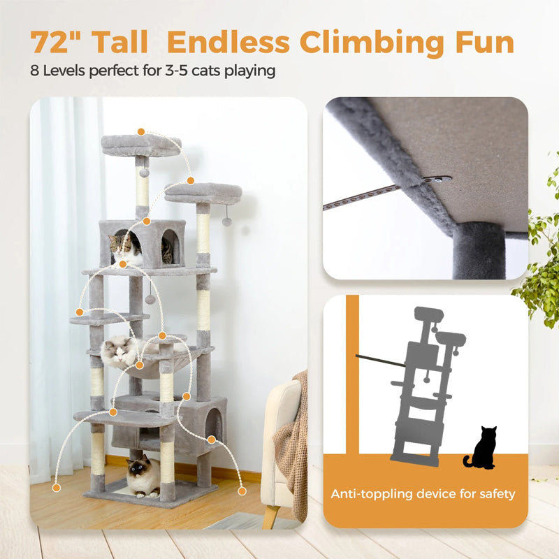 184Cm Large Cat Tree Tower with Scratching Posts - Hammock - Perches & Condos